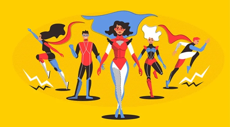 Vignette Actualité : Illustration horizontale de super-héros avec de jeunes gens en cours d'exécution vêtus de costumes de super-héros colorés sur illustration vectorielle plane fond jaune