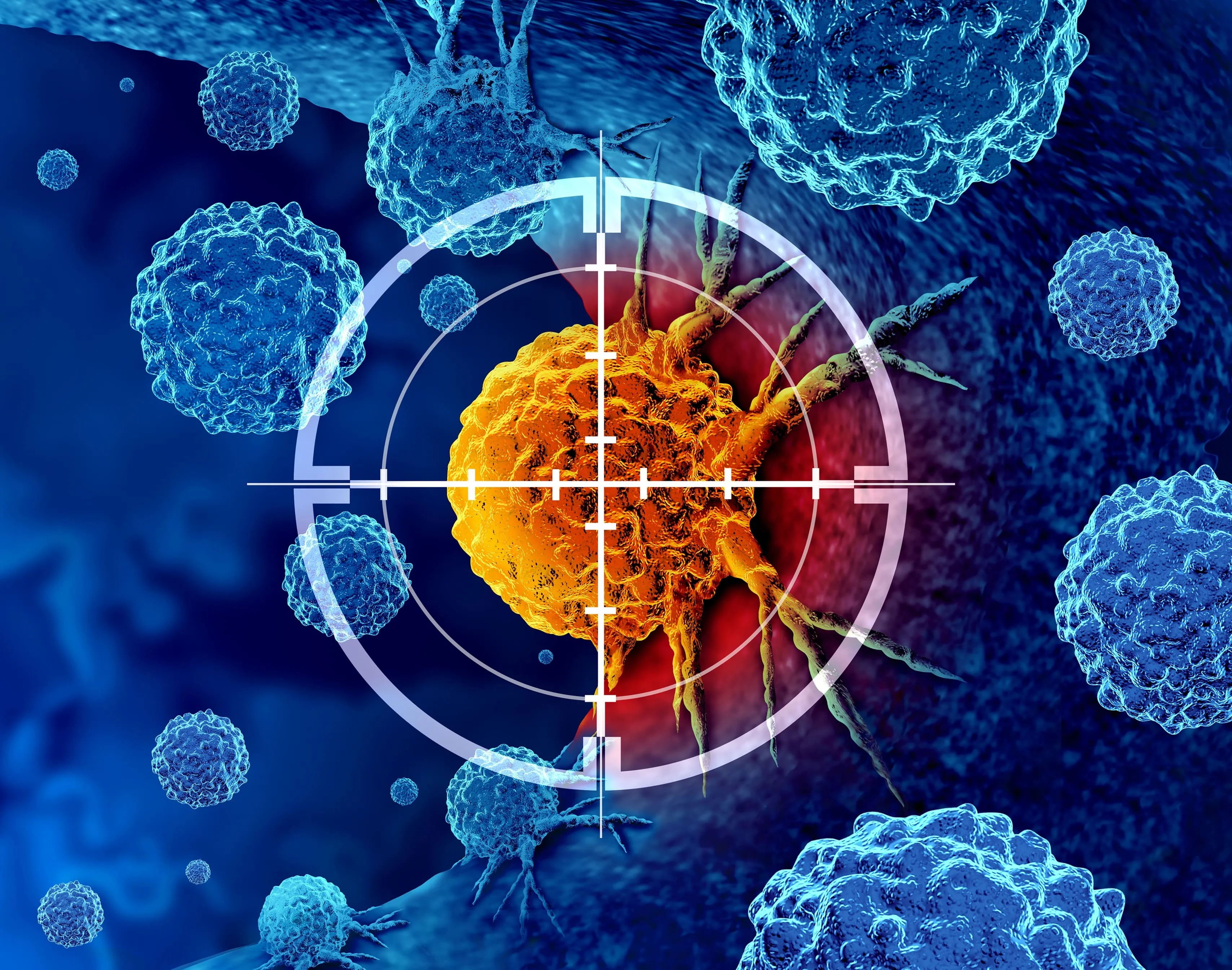 Vue microscopique illustrant la détection et le ciblage de cellules anormales par des cellules immunitaires, avec un viseur symbolisant les approches d’immunothérapie