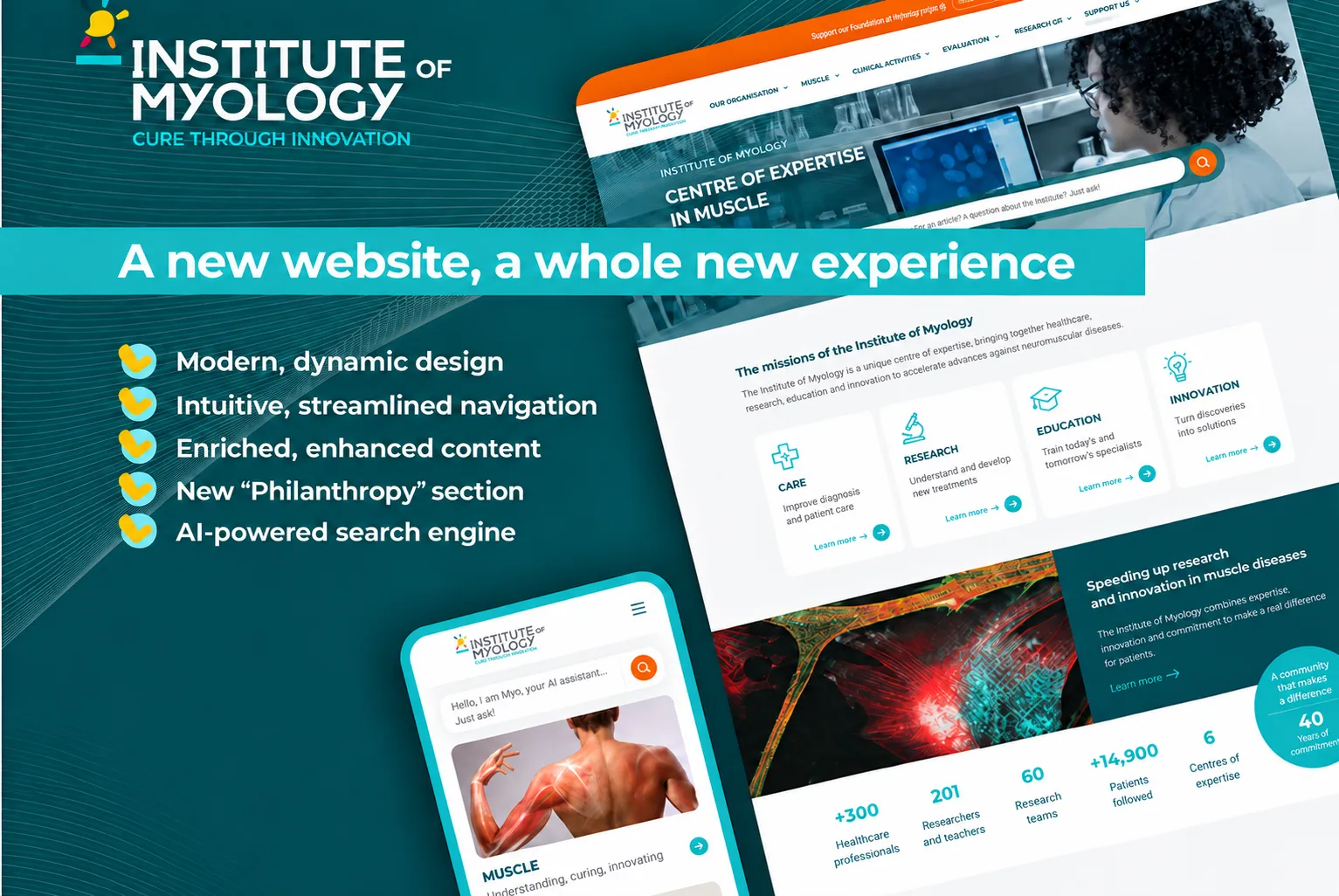 Preview of the new Institute of Myology website on desktop and smartphone, featuring streamlined navigation and an AI-powered search engine.