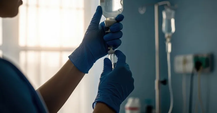Vignette Actualité : Administration de liquides par voie intraveineuse par un professionnel de santé portant des gants bleus, dans un environnement clinique.