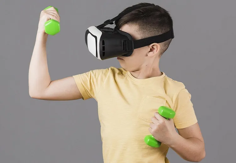 Vignette Actualité - Garçon Avec Casque De Réalité Virtuelle Tenant Des Poids