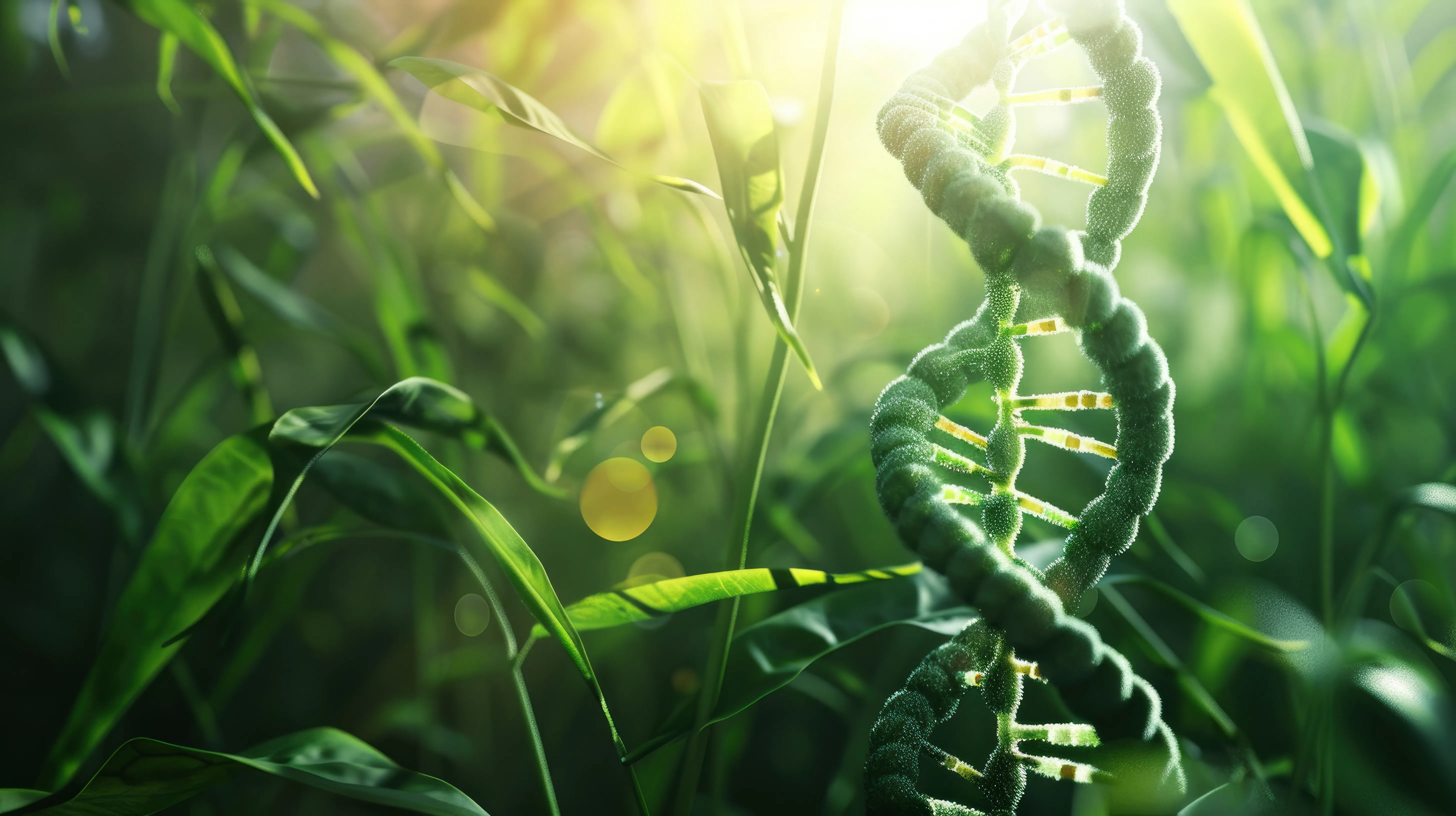 Vignette : Double hélice d’ADN verte apparaissant au milieu de feuilles, éclairées par une lumière