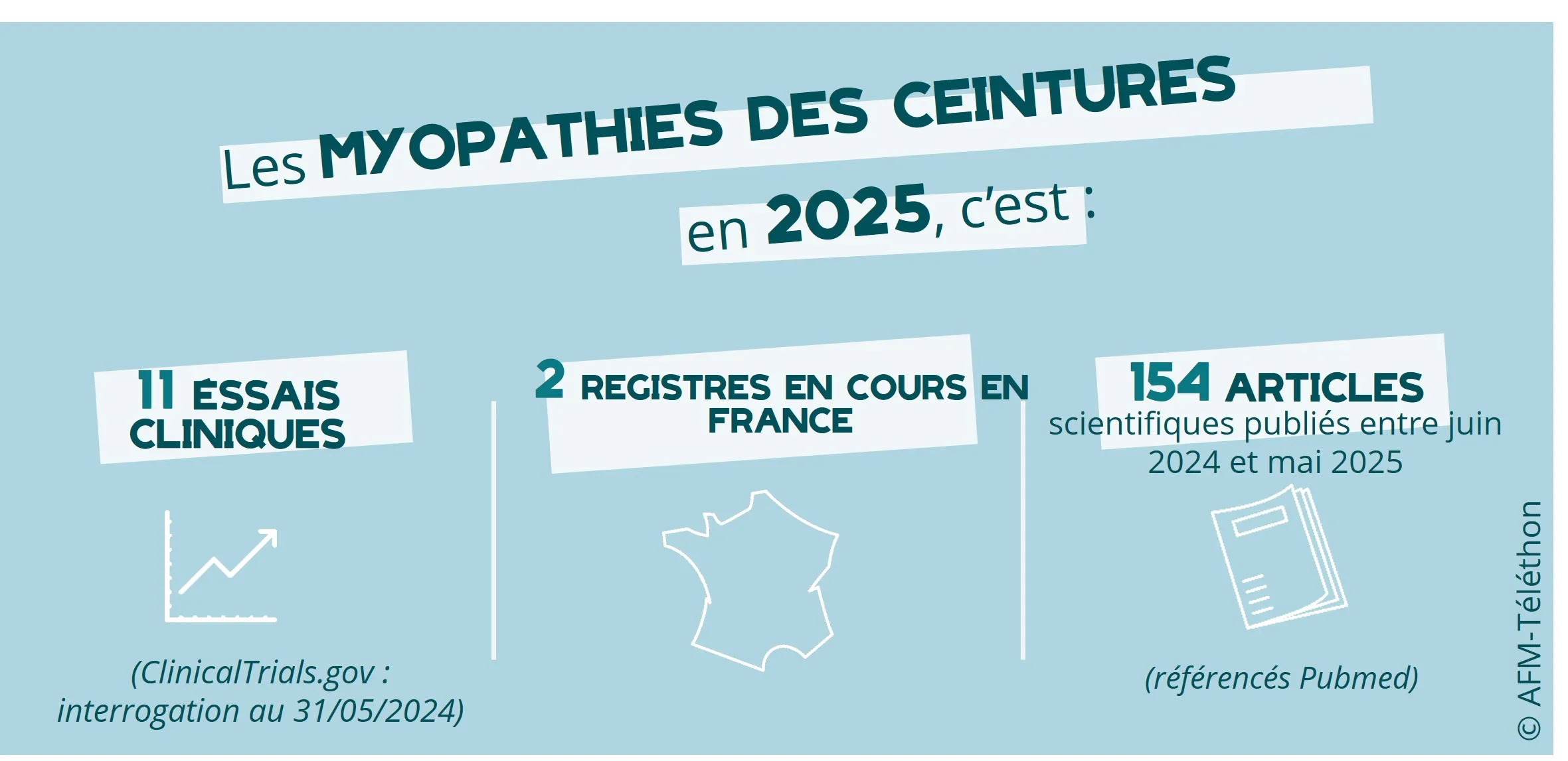 Infographie : Les myopathies des ceintures en 2025, c'est : 11 essais clinques / 2 registres en cours en France / 154 articles scientifiques publiés entre juin 2024 et mai 2025