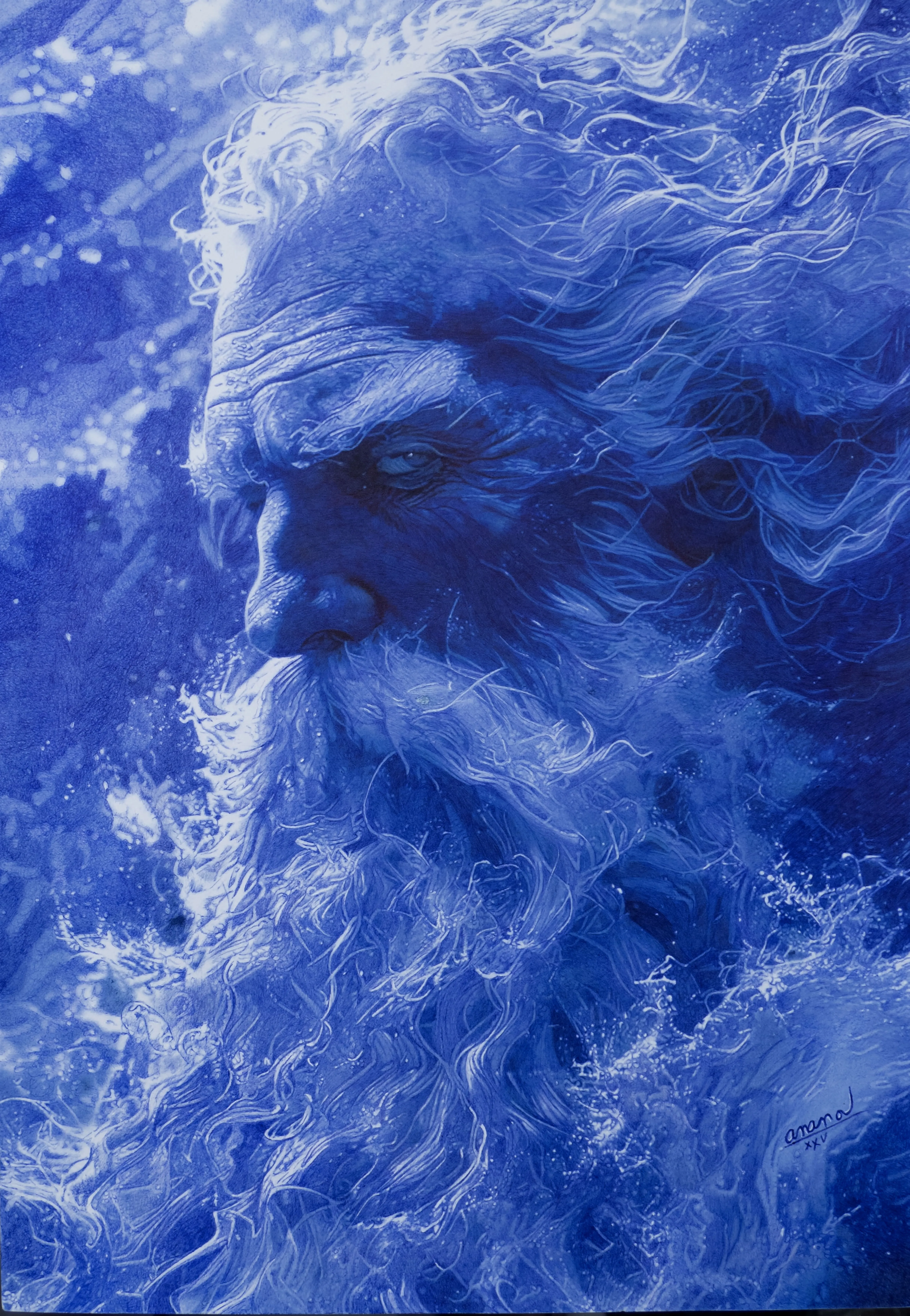 Grande Tombola du Téléthon 2025 : " Poséïdon", un dessin de Jacky Ananou, réalisé uniquement au stylo bille bleu