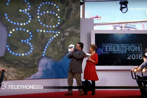 Téléthon 2016 : sur le plateau télé, une carte de France composée de points lumineux forme le numéro 3637, illustrant le défi « 100 villes, 100 défis » suivi en direct