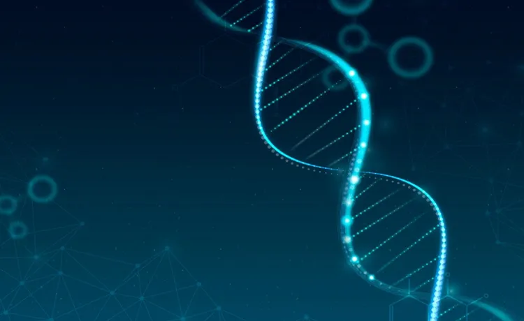 Vignette Actualité - Image d'un ADN dans un style futuriste bleu avec un espace vide