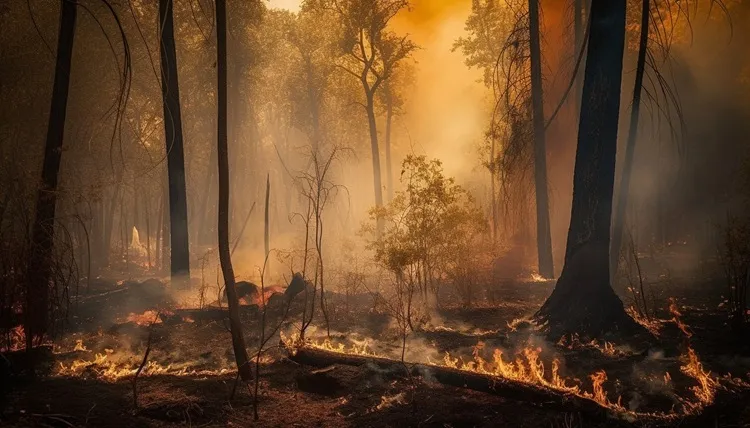Vignette Actualité : Incendie de forêt avec flammes au sol et fumée dense entre les arbres