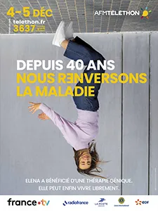 Affiche du Téléthon 2026 avec Elena : « Elle a bénéficié d’une thérapie génique. Elle peut enfin vivre librement. »