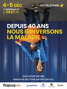 Affiche du Téléthon 2026 avec Jean et Manon : « Jean court encore. Manon se bat pour sauver son fils. »