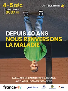 Affiche du Téléthon 2026 avec Gabin : « Sa maladie est inconnue. Avec vous, le combat continue. »
