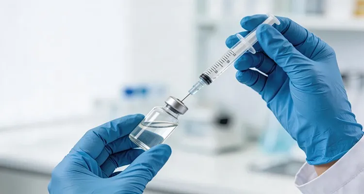 Vignette Actualité : Préparation d’un médicament injectable à l’aide d’une seringue et d’un flacon en laboratoire