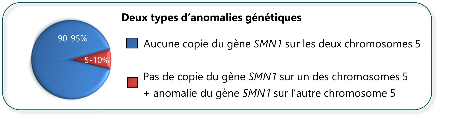 SMA deux types d'anomalies génétiques : 90-95% Aucune copie du gène SMN1 sur les deux chromosomes 5 // 5-10% Pas de copie du gène SNM1 sur un des chromosomes 5 + anomalie du gène SMN1 sur l'autre chromosome 5